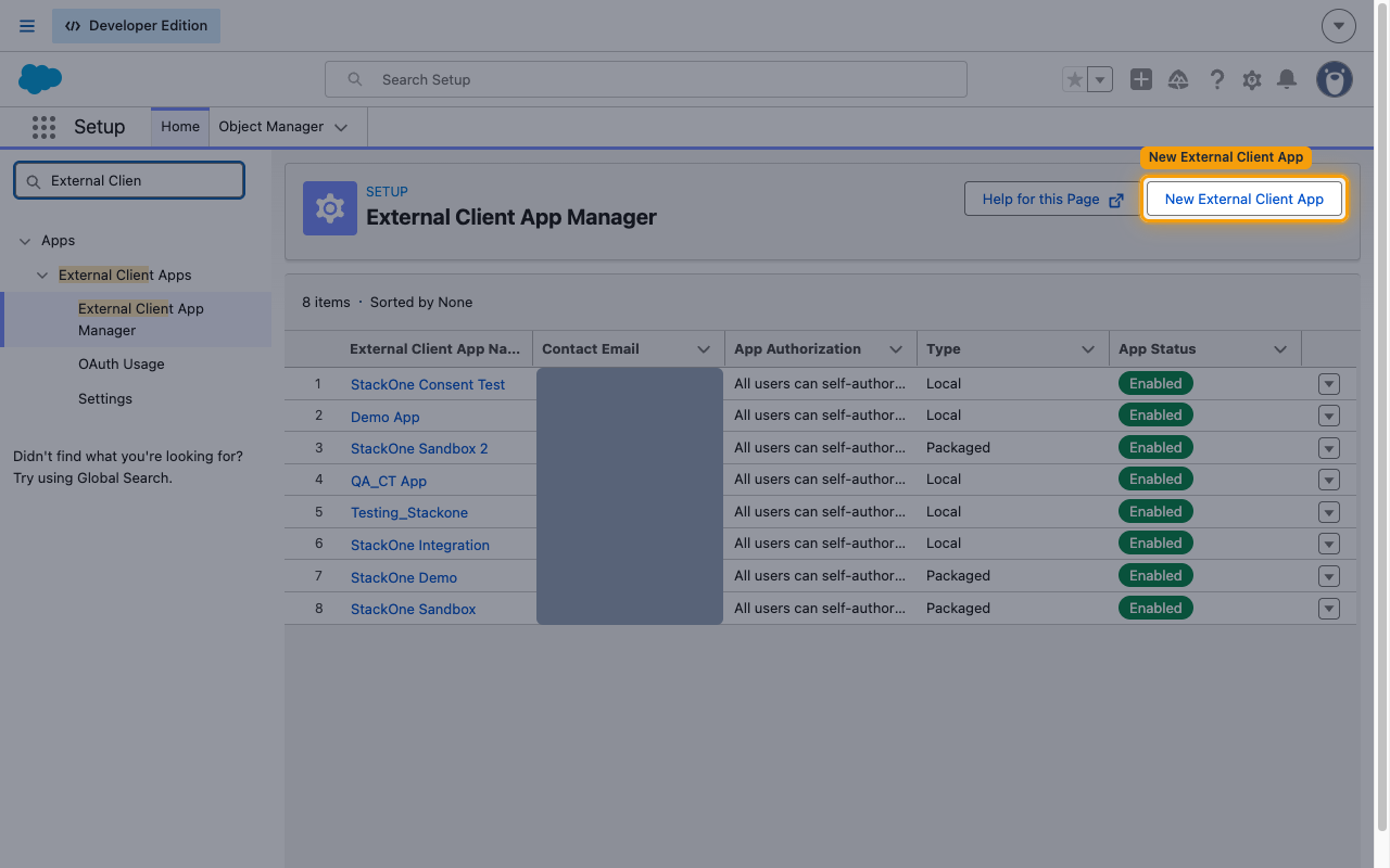 The External Client App Manager list with the New External Client App button highlighted