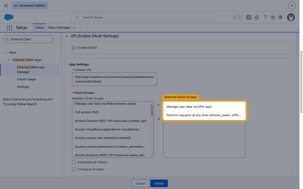 The OAuth Scopes dueling list with both required scopes moved to Selected OAuth Scopes