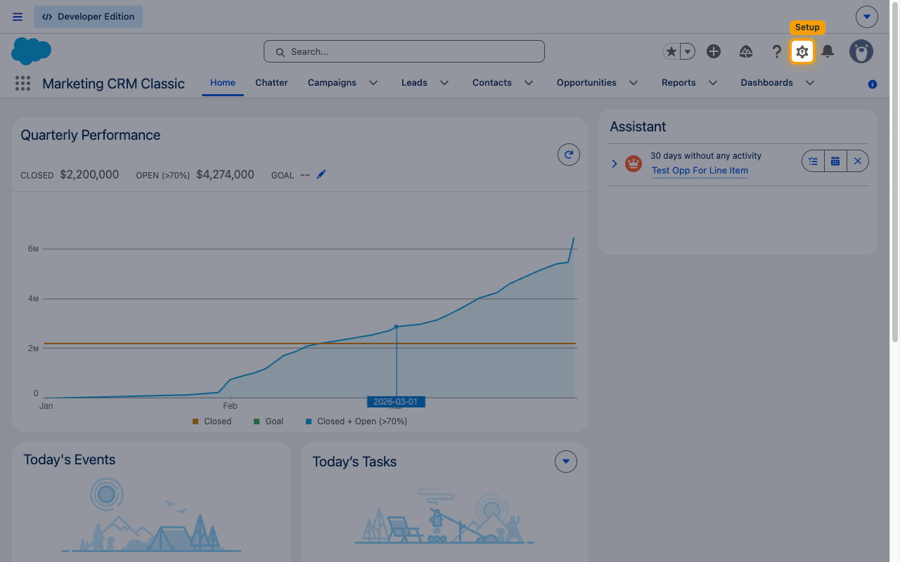 The Salesforce global header with the Setup gear icon highlighted
