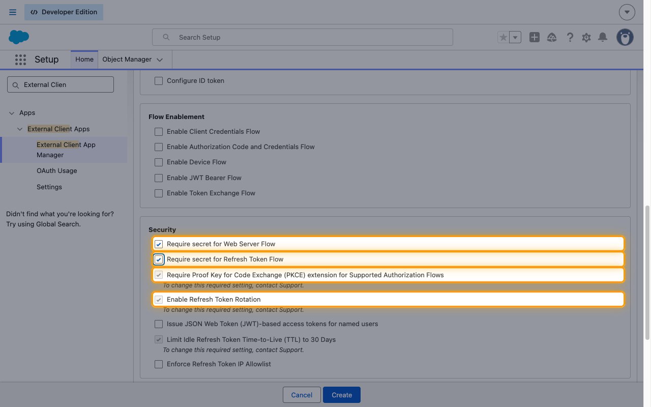 The Security section with the two secret requirements, PKCE and refresh token rotation highlighted