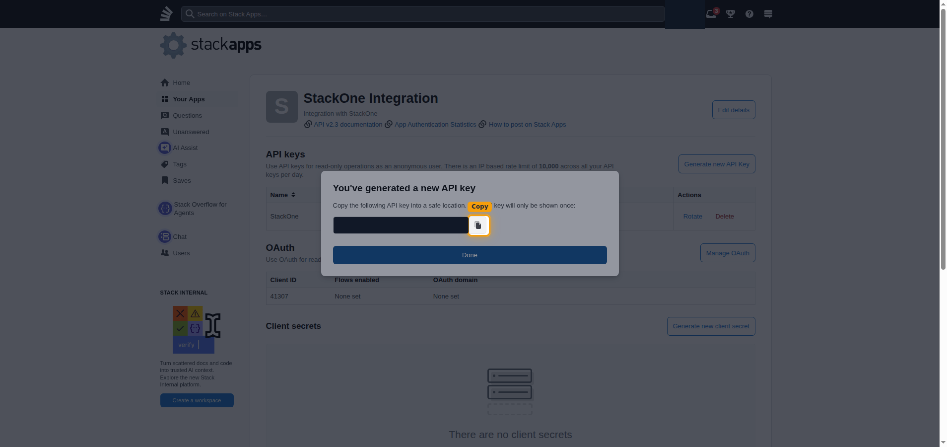 The API key confirmation dialog with the value hidden and the copy button highlighted