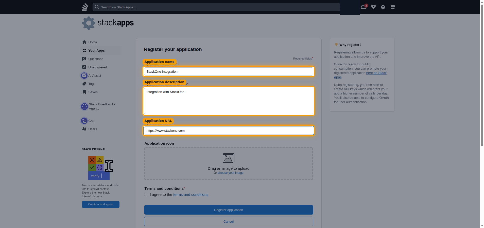 The registration form with the Application name, Application description, and Application URL fields highlighted
