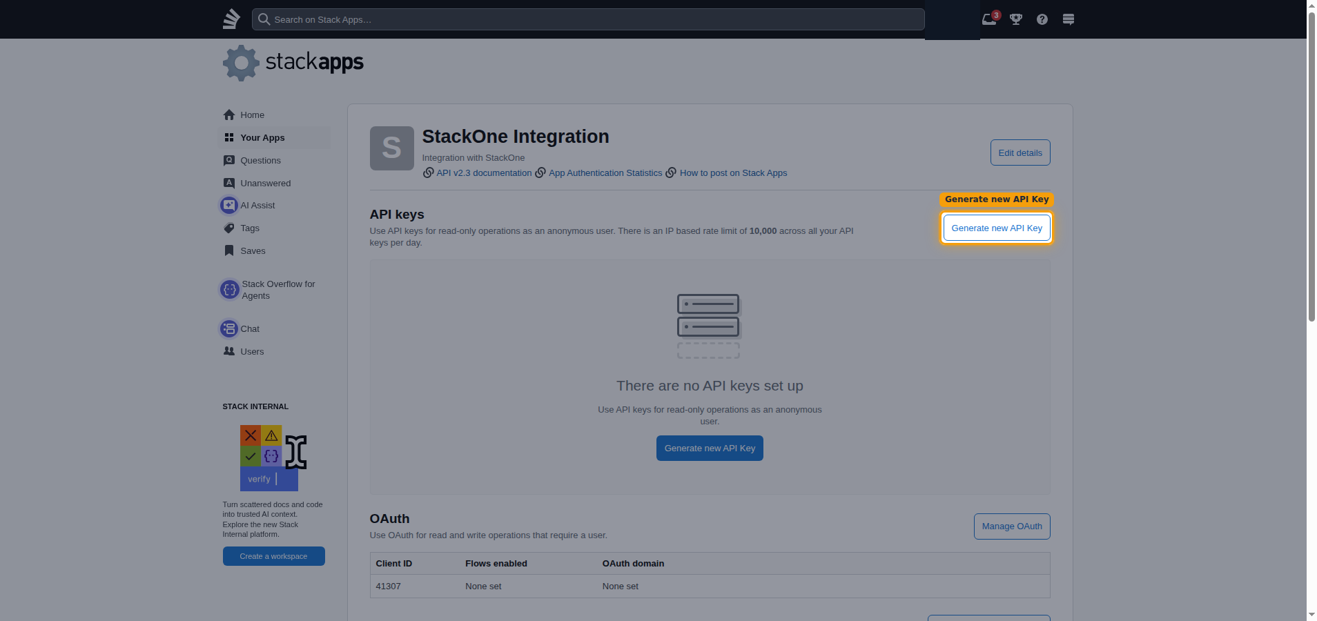 The app dashboard with the Generate new API Key button highlighted