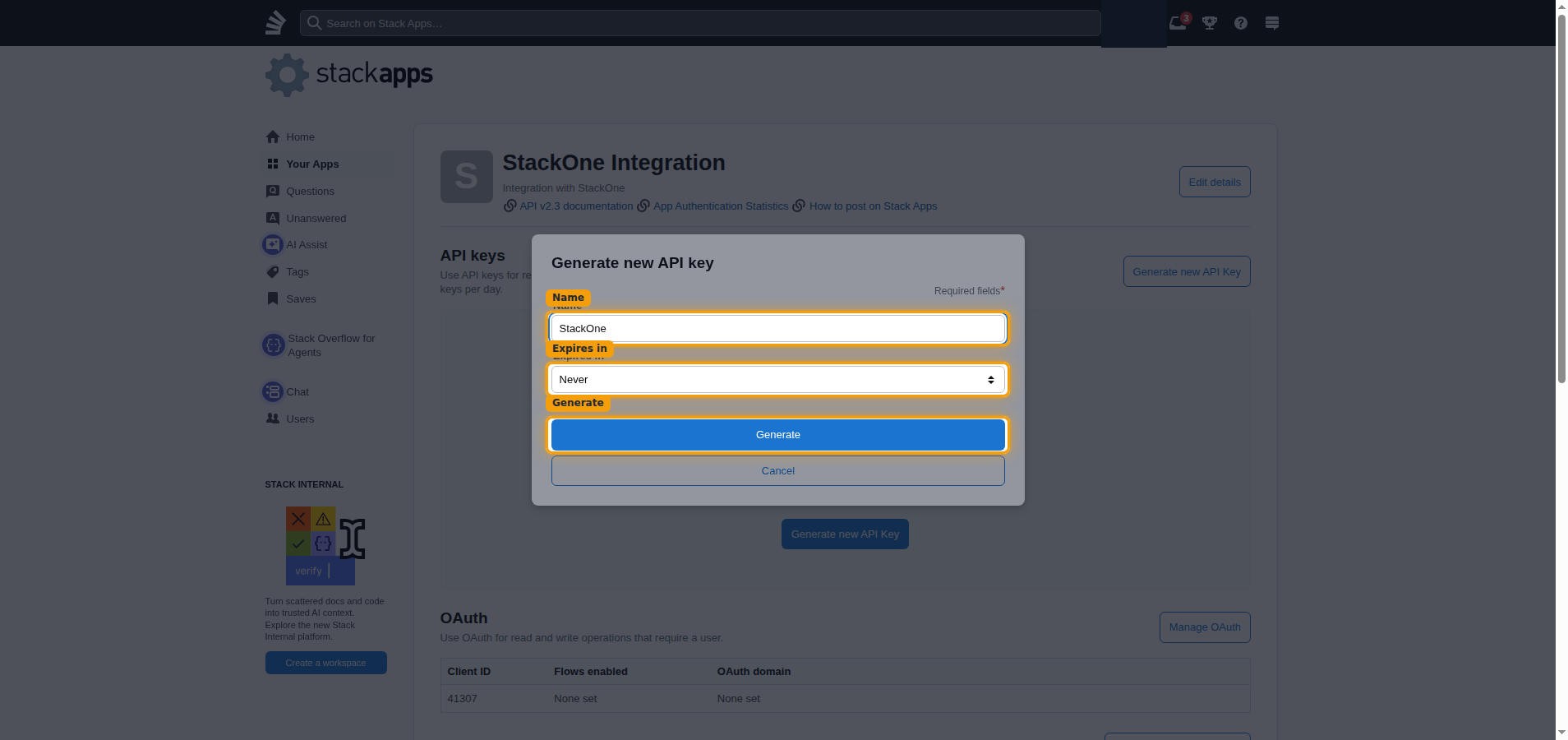 The Generate new API key dialog with the Name field, Expires in dropdown, and Generate button highlighted