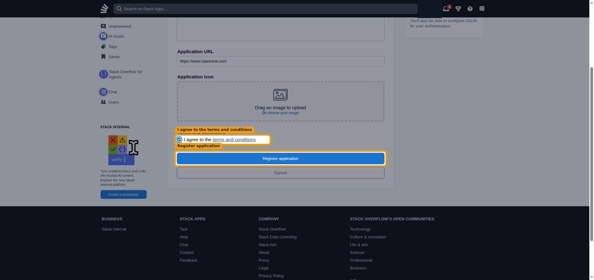 The registration form with the terms checkbox and Register application button highlighted
