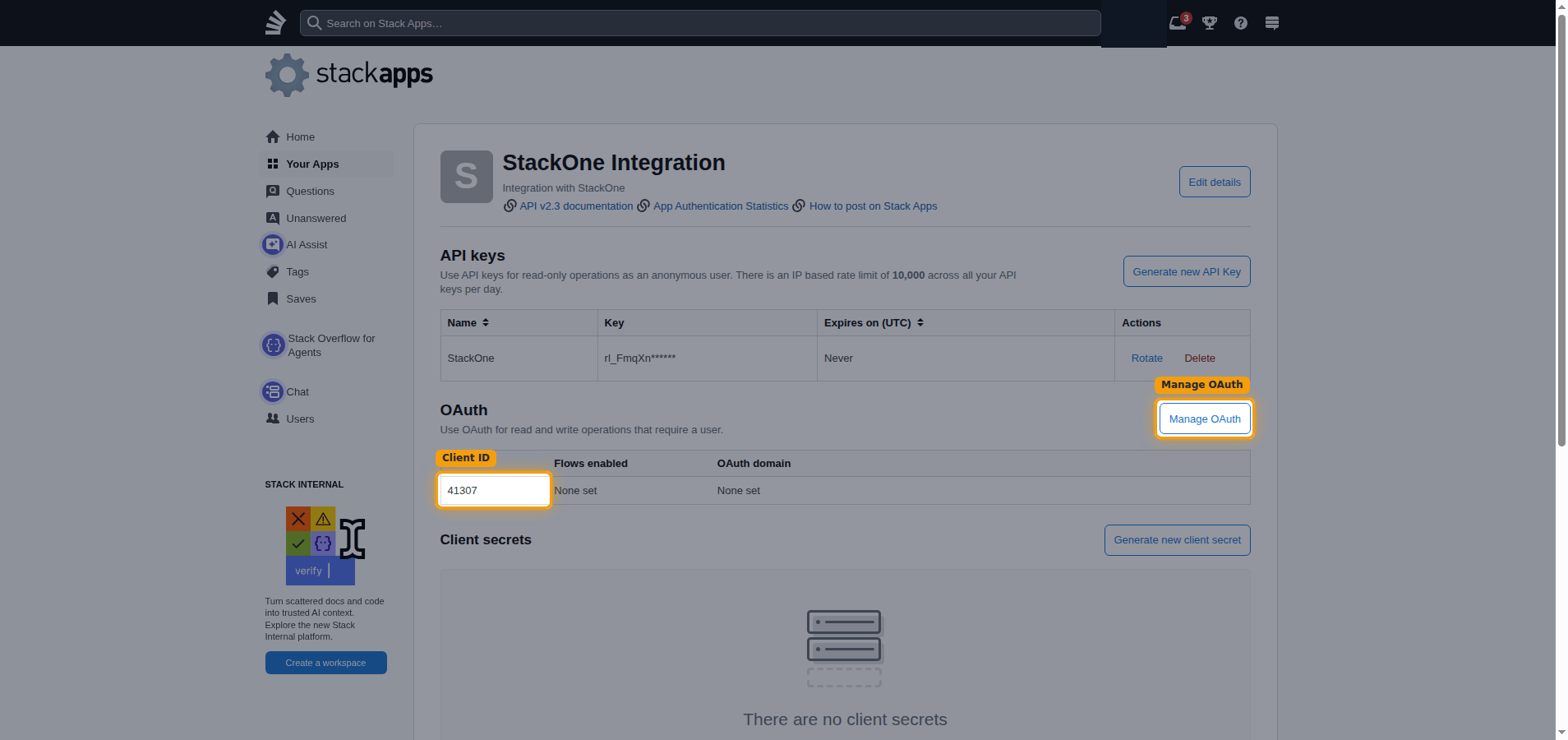 The OAuth section with the Client ID value and Manage OAuth button highlighted
