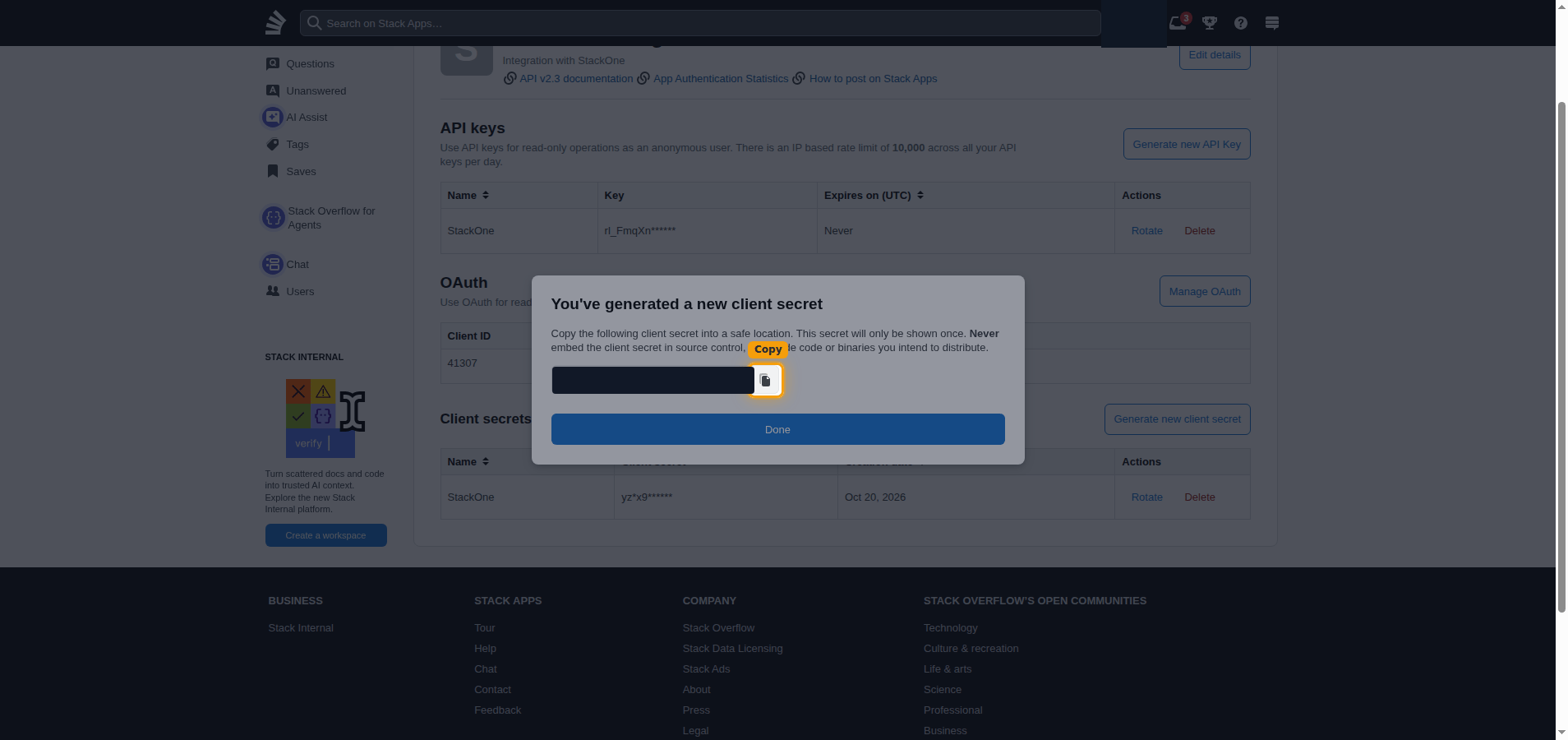 The client secret confirmation dialog with the value hidden and the copy button highlighted