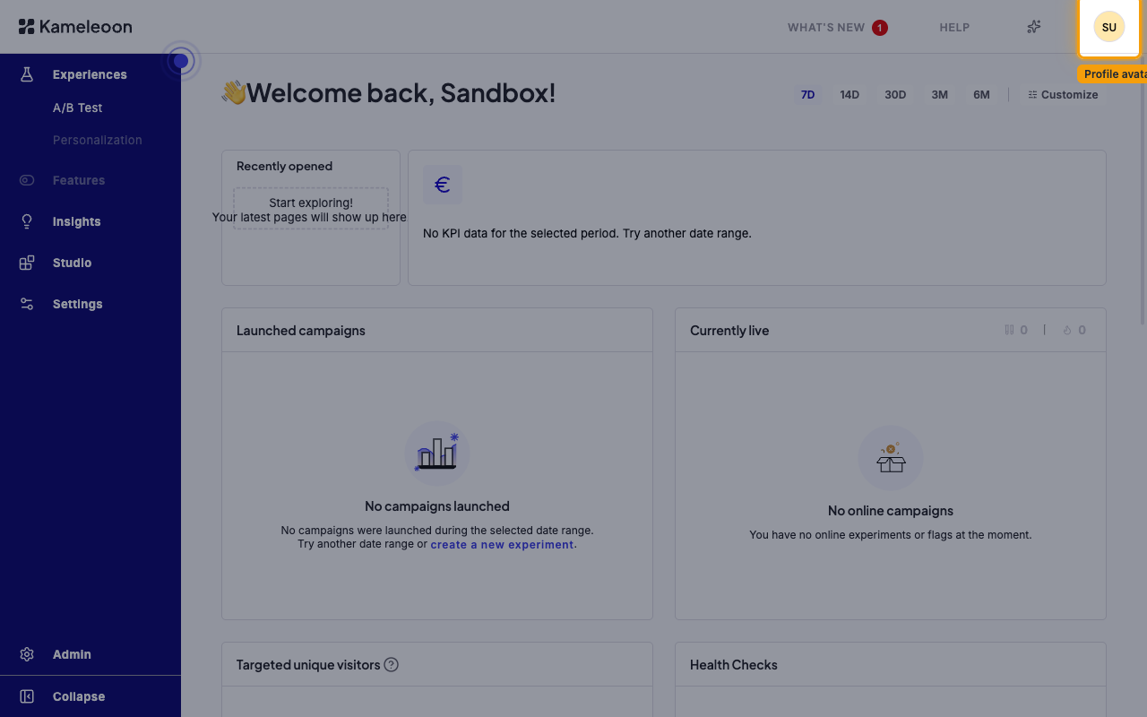 Kameleoon homepage with the profile avatar highlighted in the top-right corner of the header