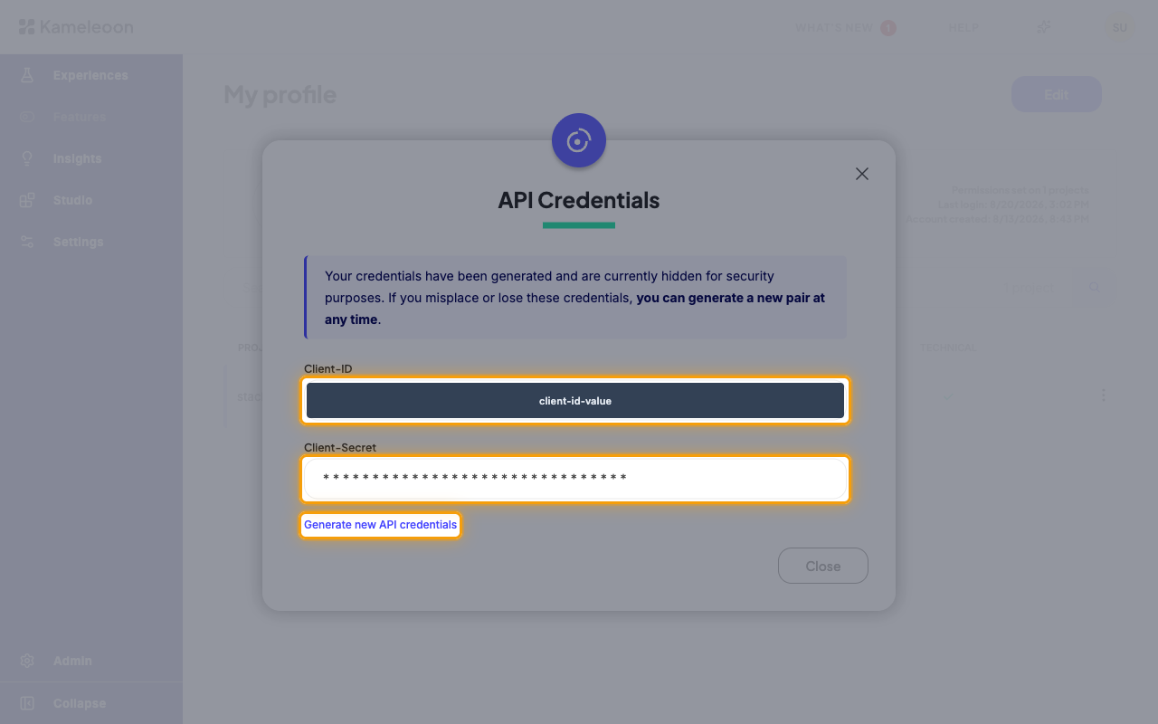 API Credentials dialog with the Client-ID value redacted, the hidden Client-Secret field, and the Generate new API credentials link highlighted