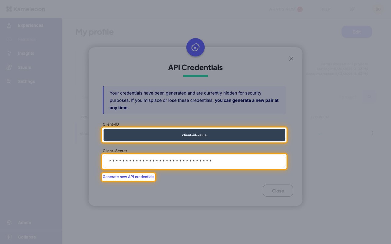 API Credentials dialog with the Client-ID value redacted, the hidden Client-Secret field, and the Generate new API credentials link highlighted