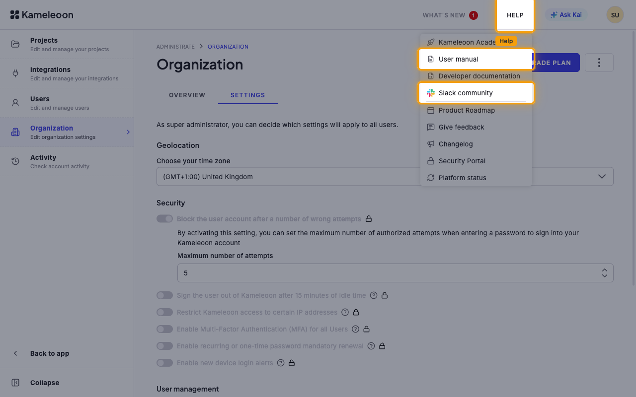 Kameleoon Help menu open with the User manual and Slack community items highlighted