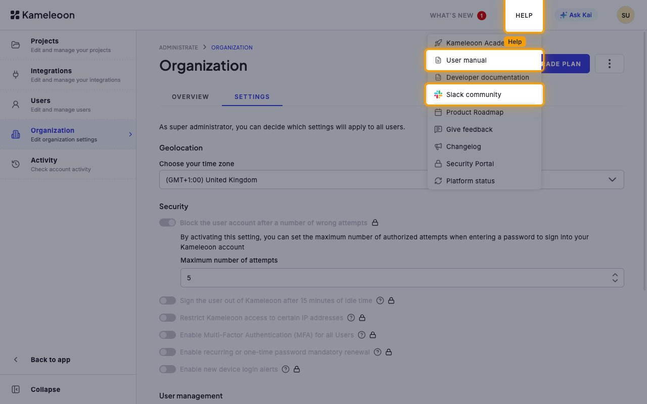 Kameleoon Help menu open with the User manual and Slack community items highlighted