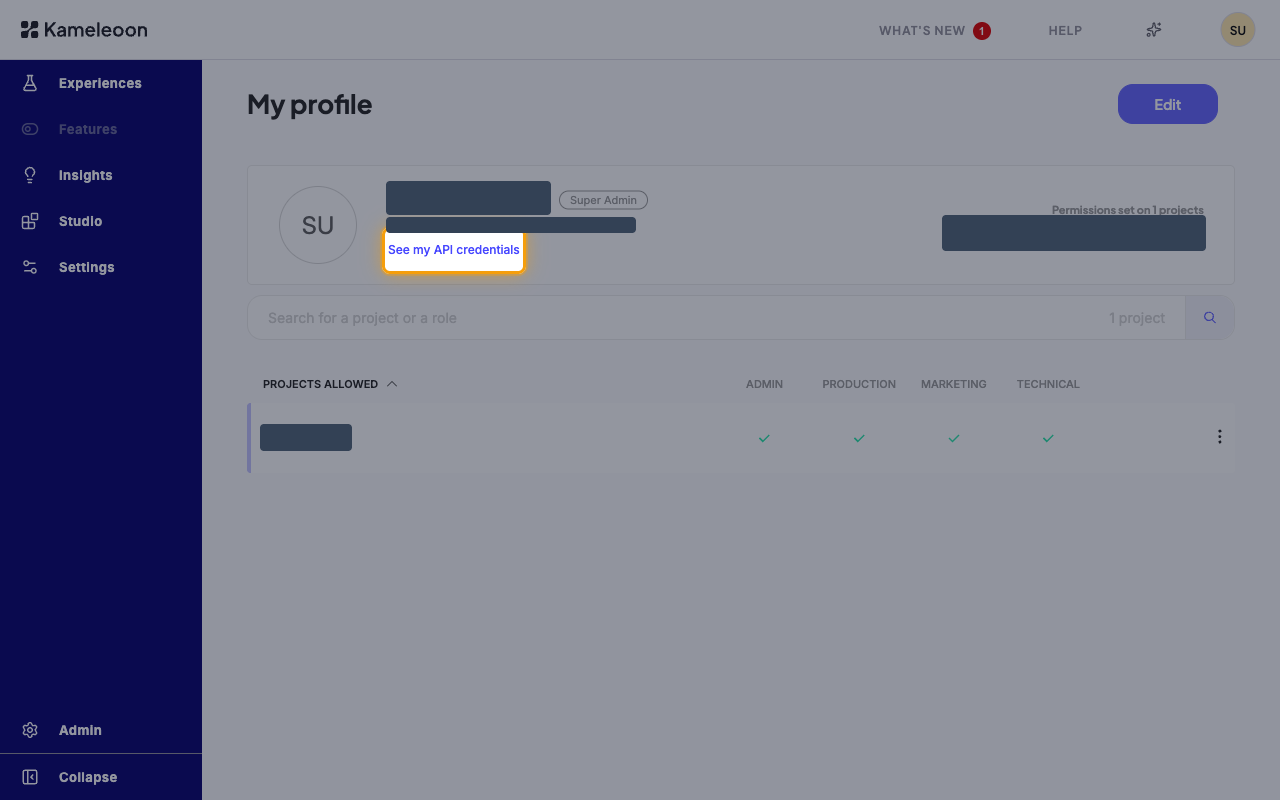 Kameleoon My profile page with the See my API credentials link highlighted under the user's e-mail address