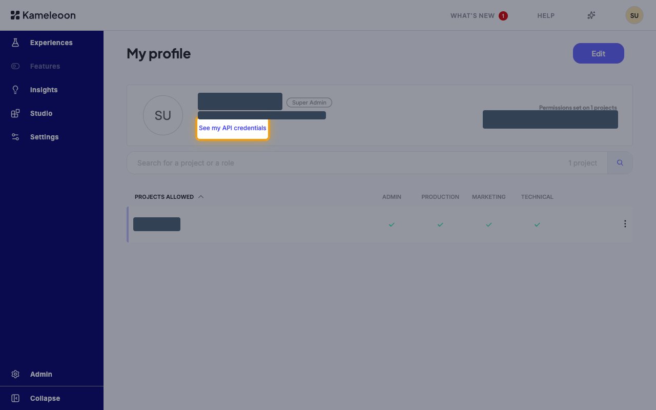 Kameleoon My profile page with the See my API credentials link highlighted under the user's e-mail address