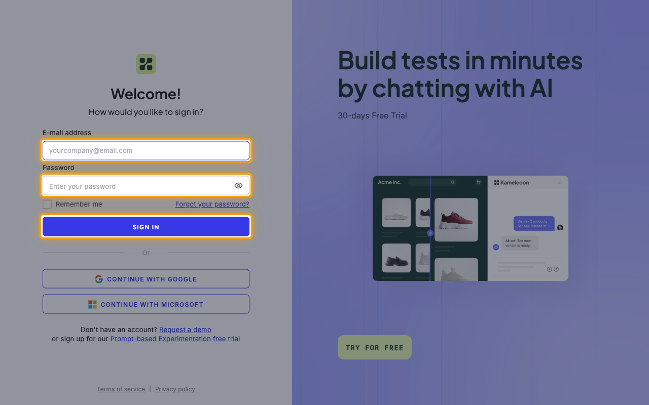 Kameleoon log in page with the e-mail and password fields and the Sign in button highlighted