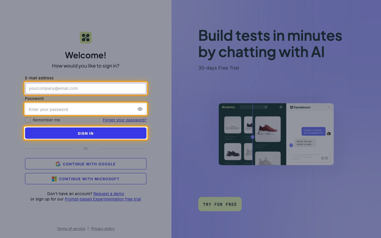 Kameleoon log in page with the e-mail and password fields and the Sign in button highlighted