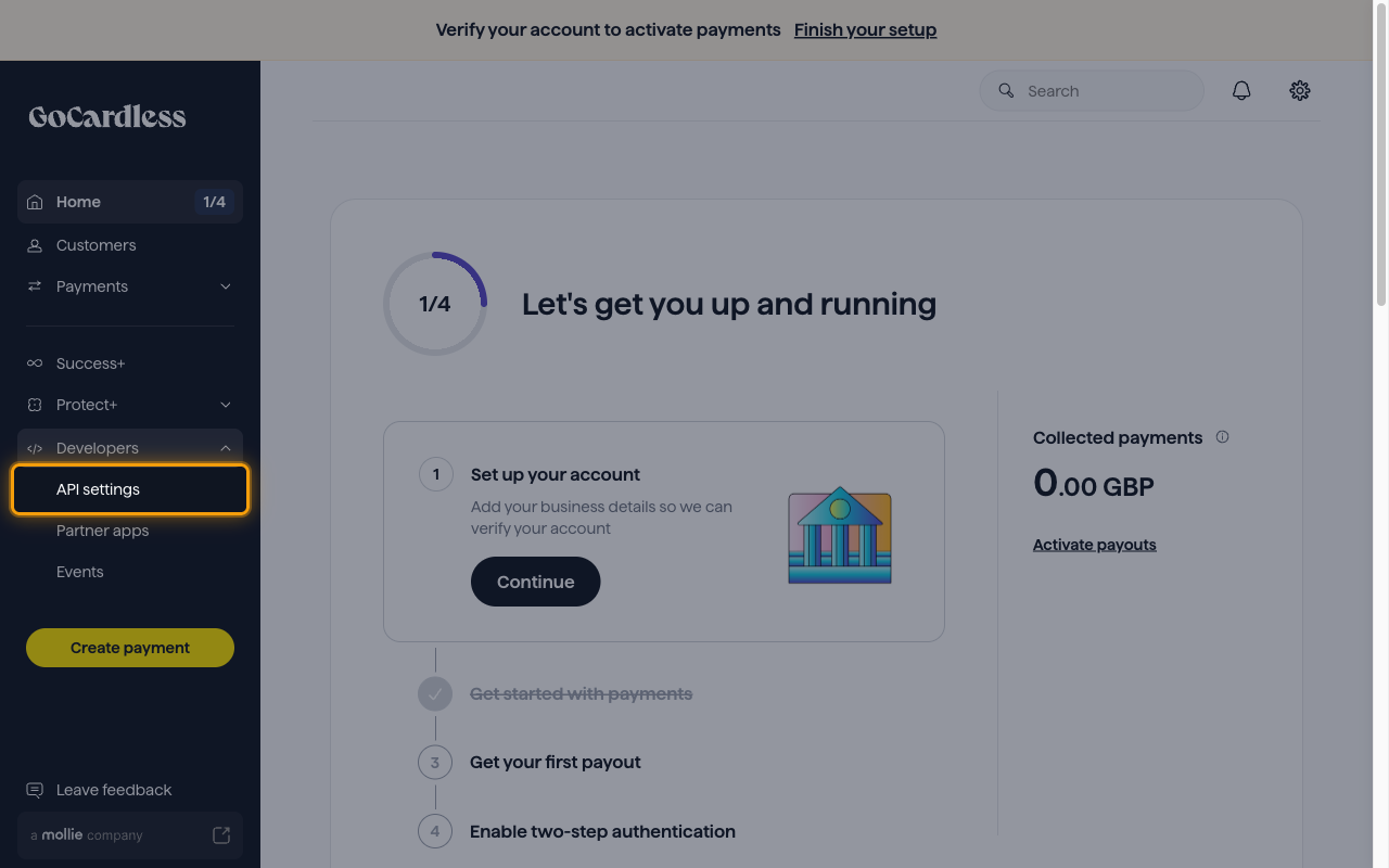 The expanded Developers menu in the GoCardless sidebar with API settings highlighted