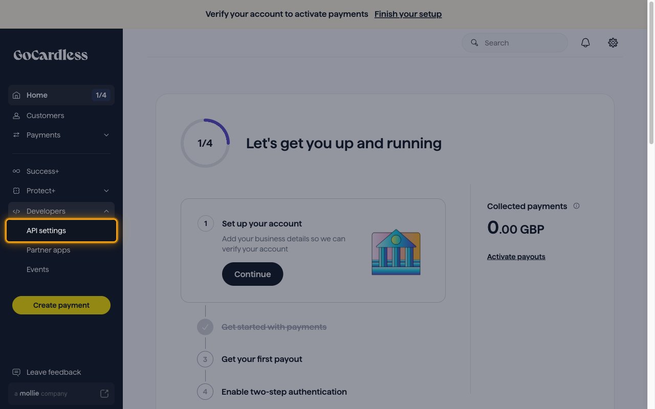 The expanded Developers menu in the GoCardless sidebar with API settings highlighted