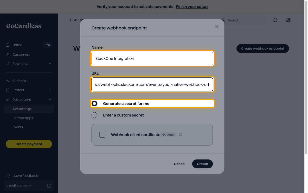 The Create webhook endpoint dialog with the Name, URL, and Generate a secret for me options highlighted