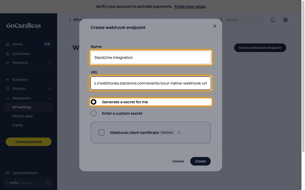 The Create webhook endpoint dialog with the Name, URL, and Generate a secret for me options highlighted