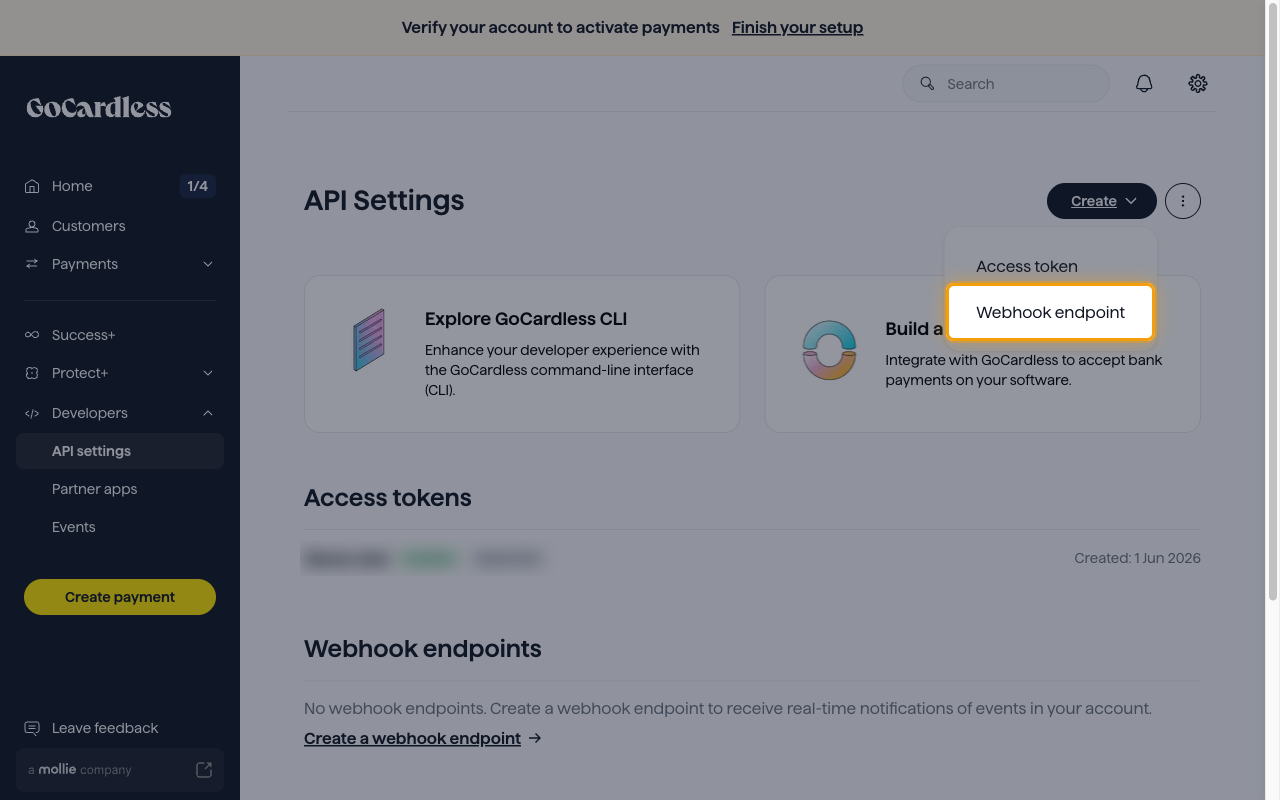 The Create dropdown on the API Settings page with the Webhook endpoint option highlighted
