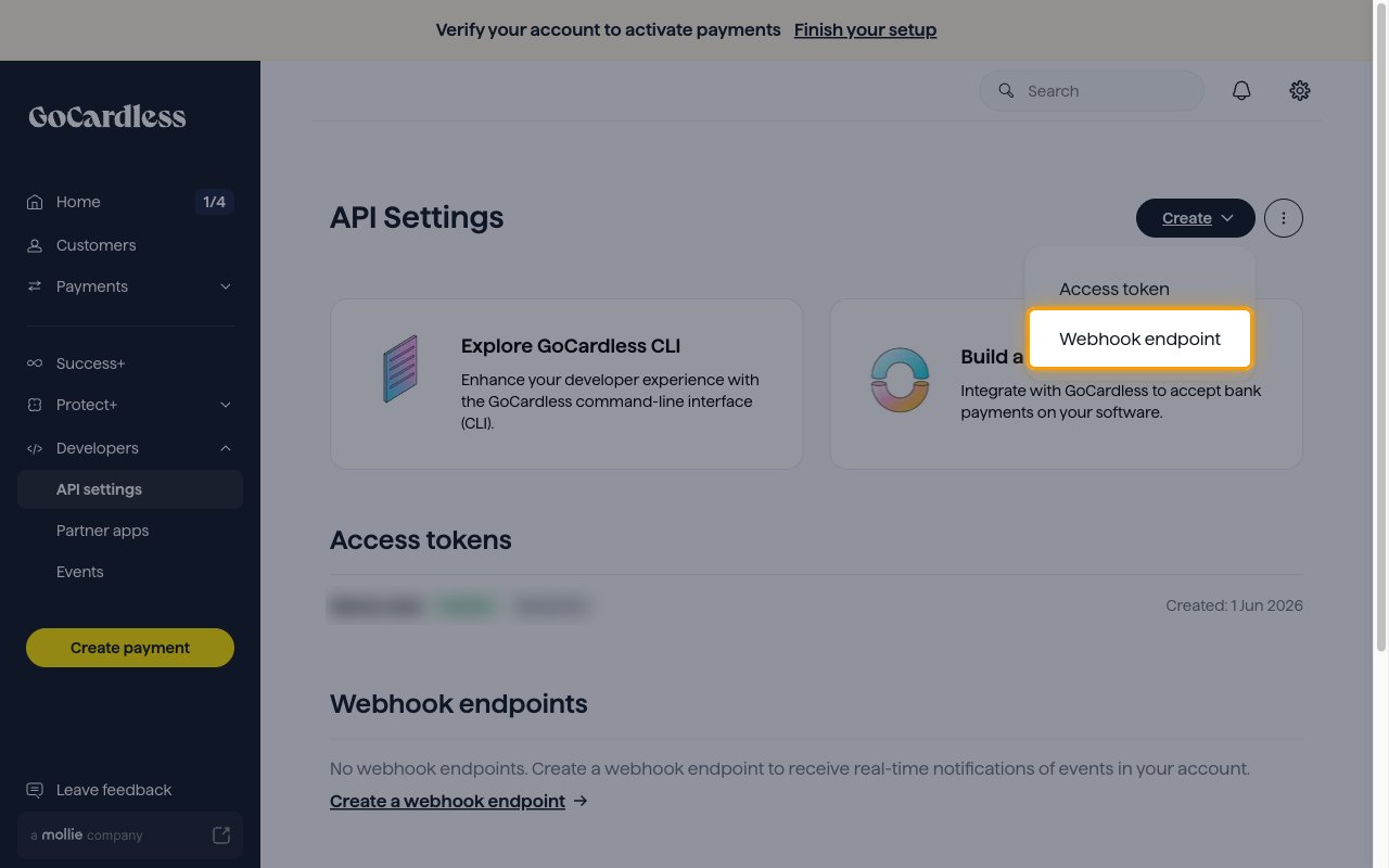 The Create dropdown on the API Settings page with the Webhook endpoint option highlighted
