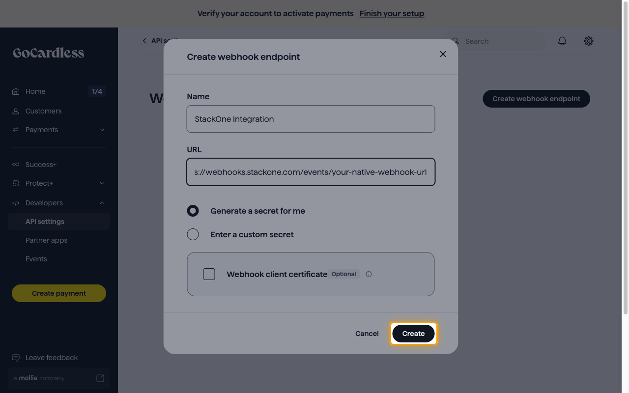 The completed Create webhook endpoint dialog with the Create button highlighted