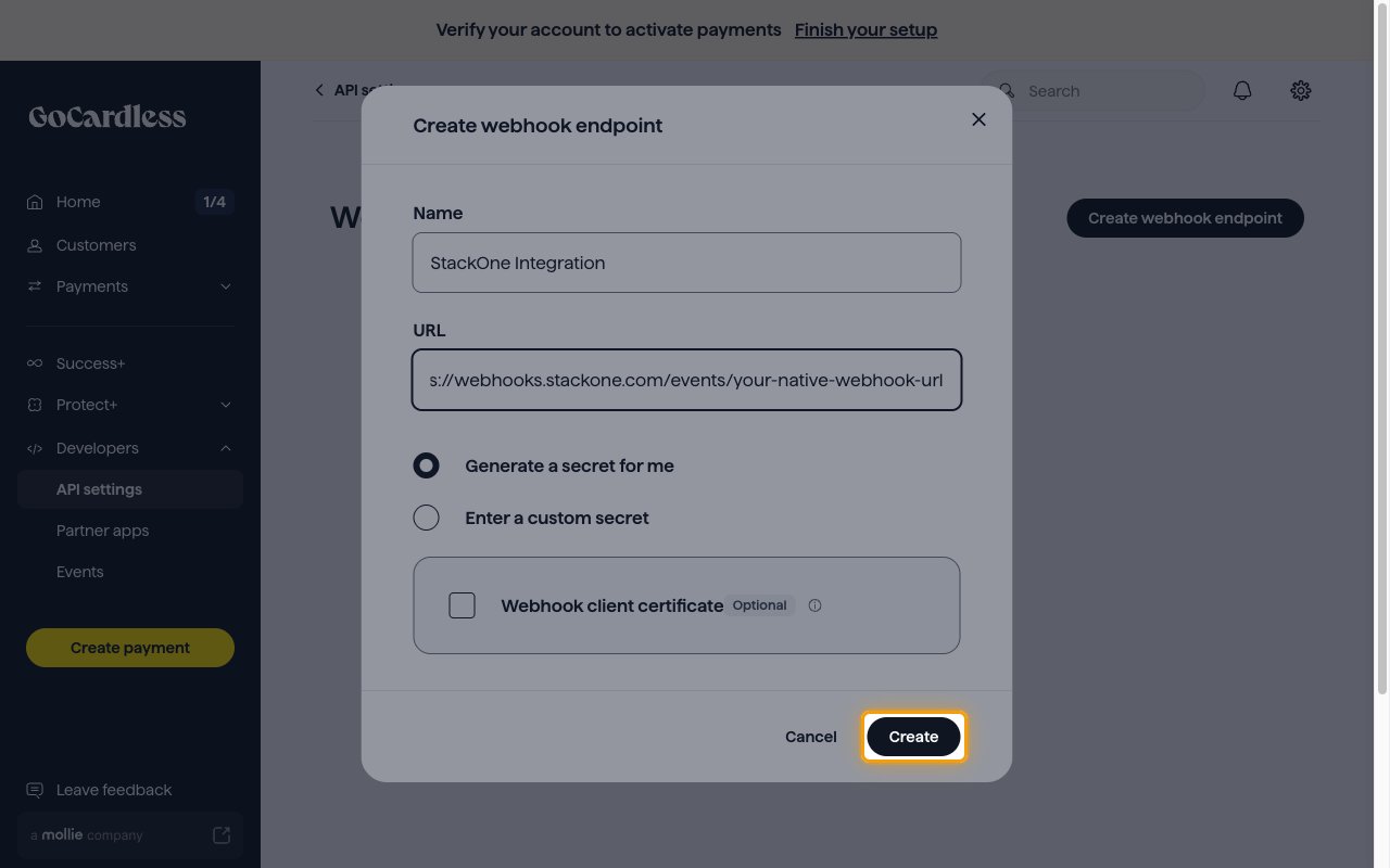 The completed Create webhook endpoint dialog with the Create button highlighted