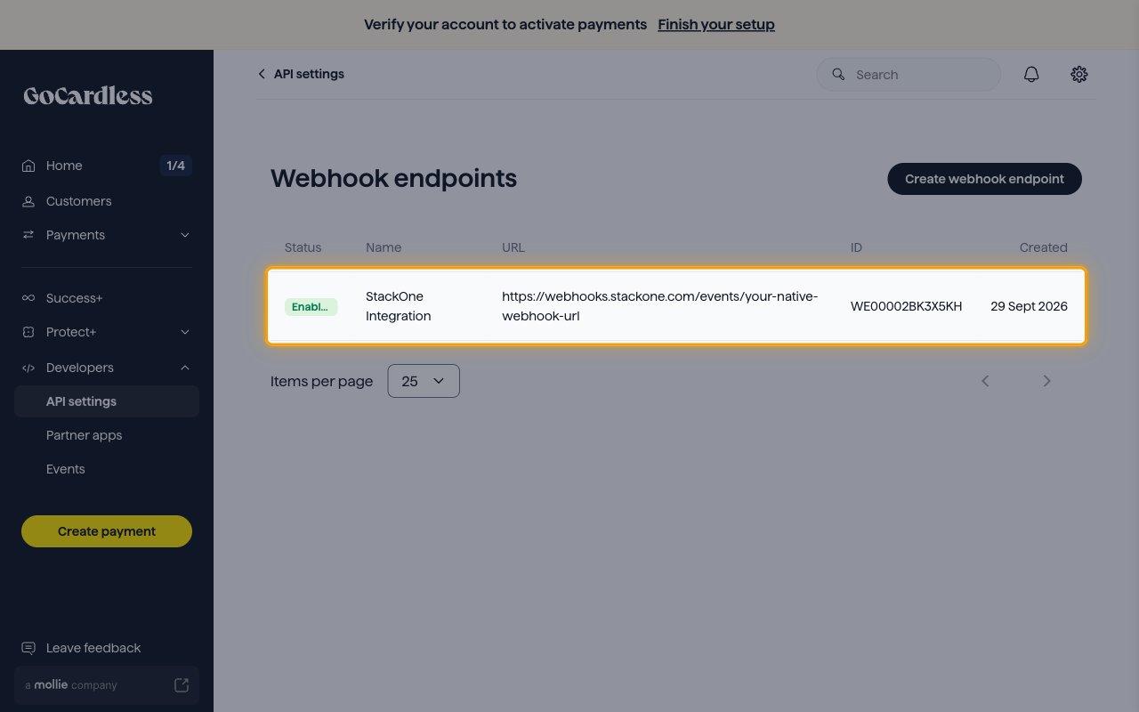 The Webhook endpoints list showing the StackOne Integration endpoint with the Enabled status