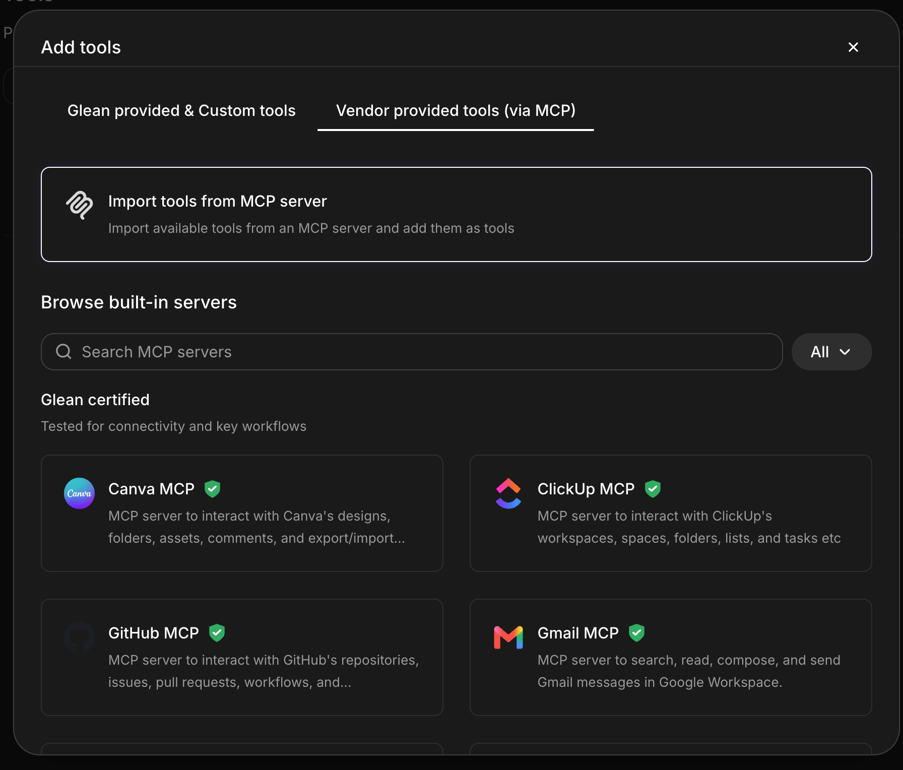 Glean Add tools dialog with the Vendor provided tools via MCP tab selected and the Import tools from MCP server option at the top