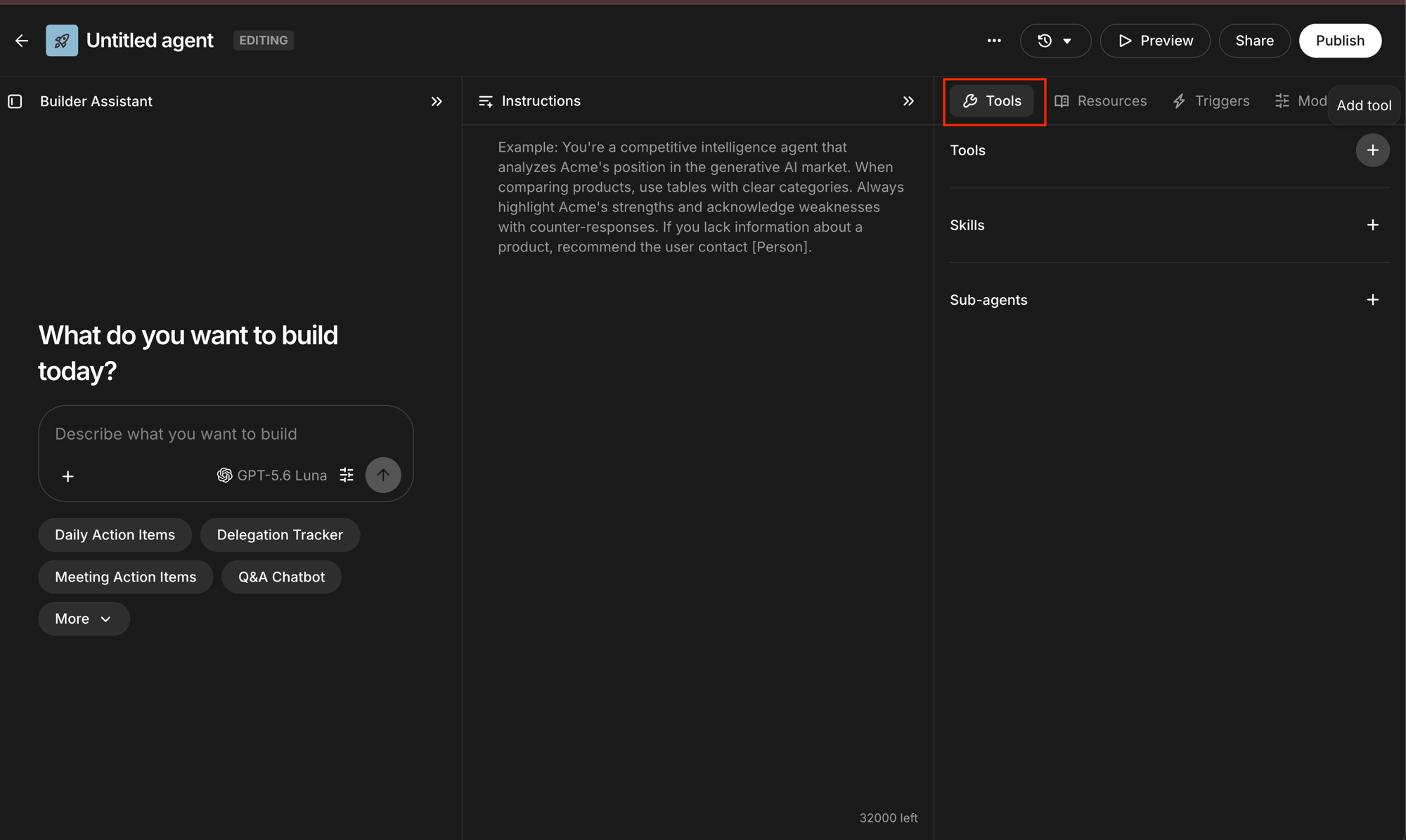 Glean agent builder with the Tools panel highlighted on the right and an Add tool button