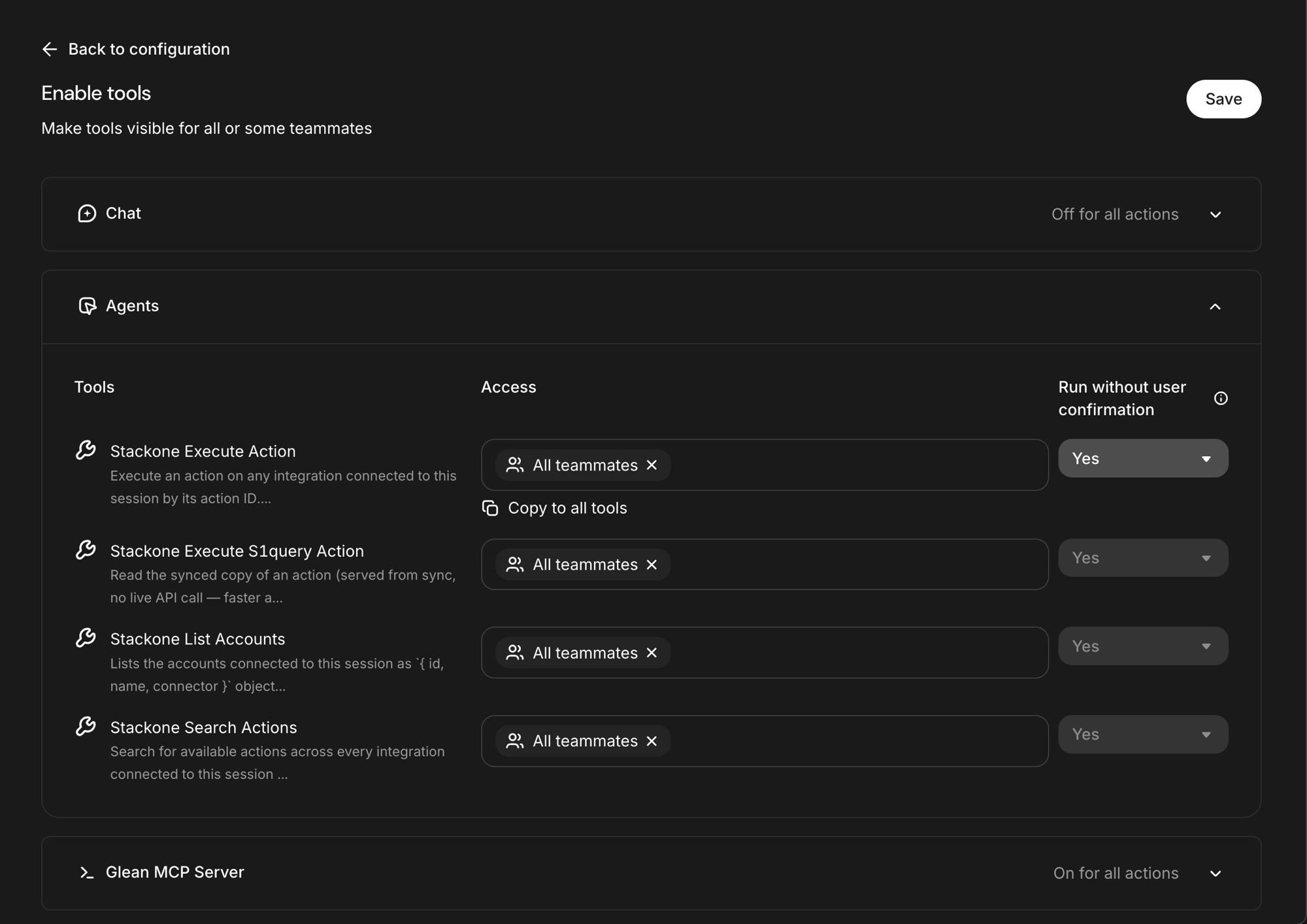 Glean Enable tools screen with the Agents section expanded, showing the Stackone Search Actions, Execute Action, Execute S1query Action, and List Accounts tools with access set to all teammates and run without user confirmation set to yes