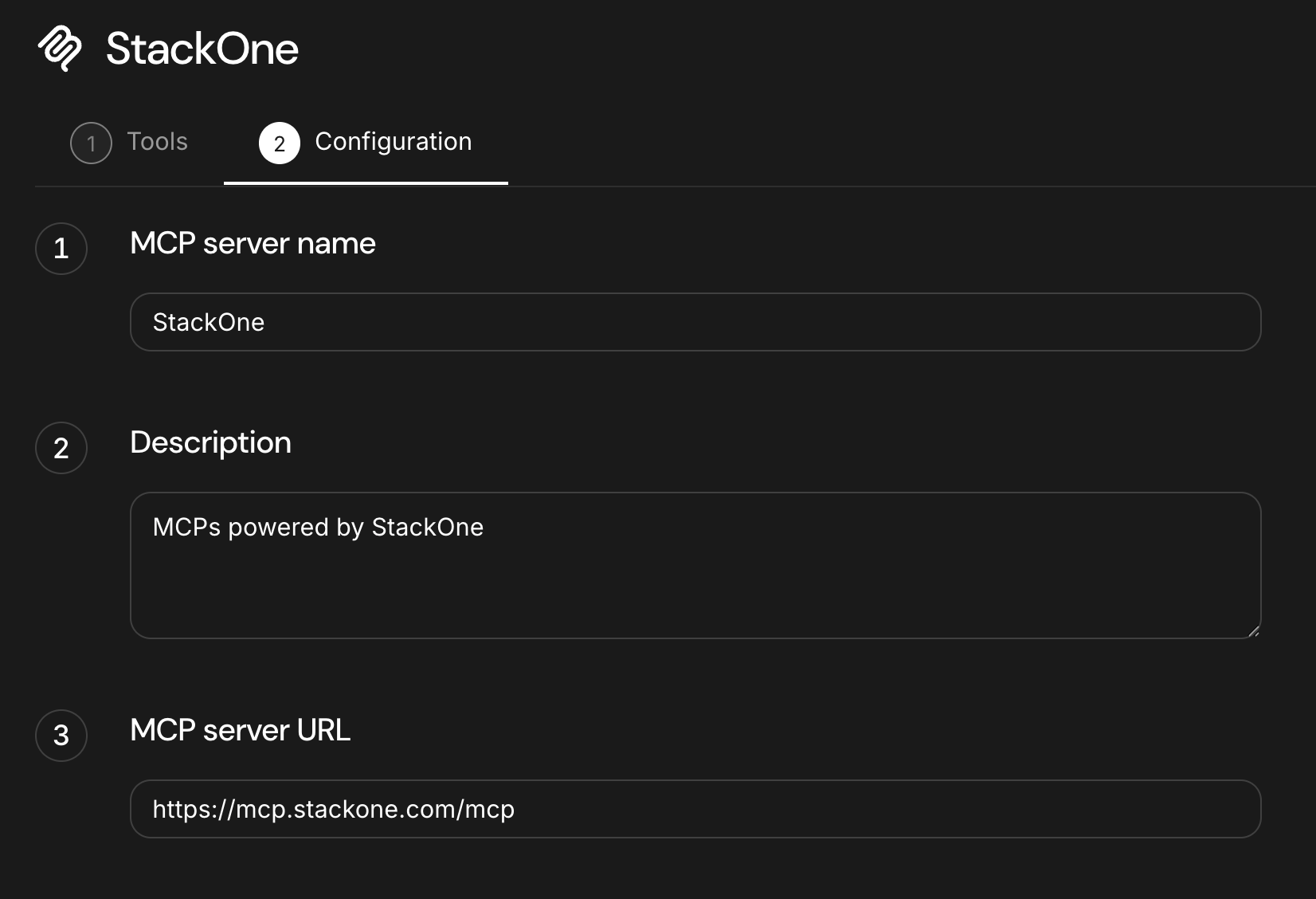 Glean MCP server configuration form with the name StackOne, a description, and the StackOne MCP server URL filled in