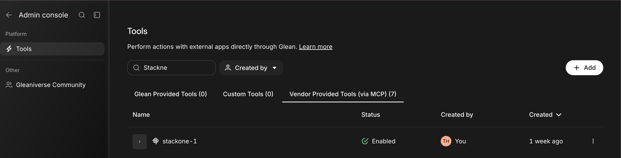 Glean Admin console Tools page on the Vendor Provided Tools via MCP tab, with an Add button in the top right