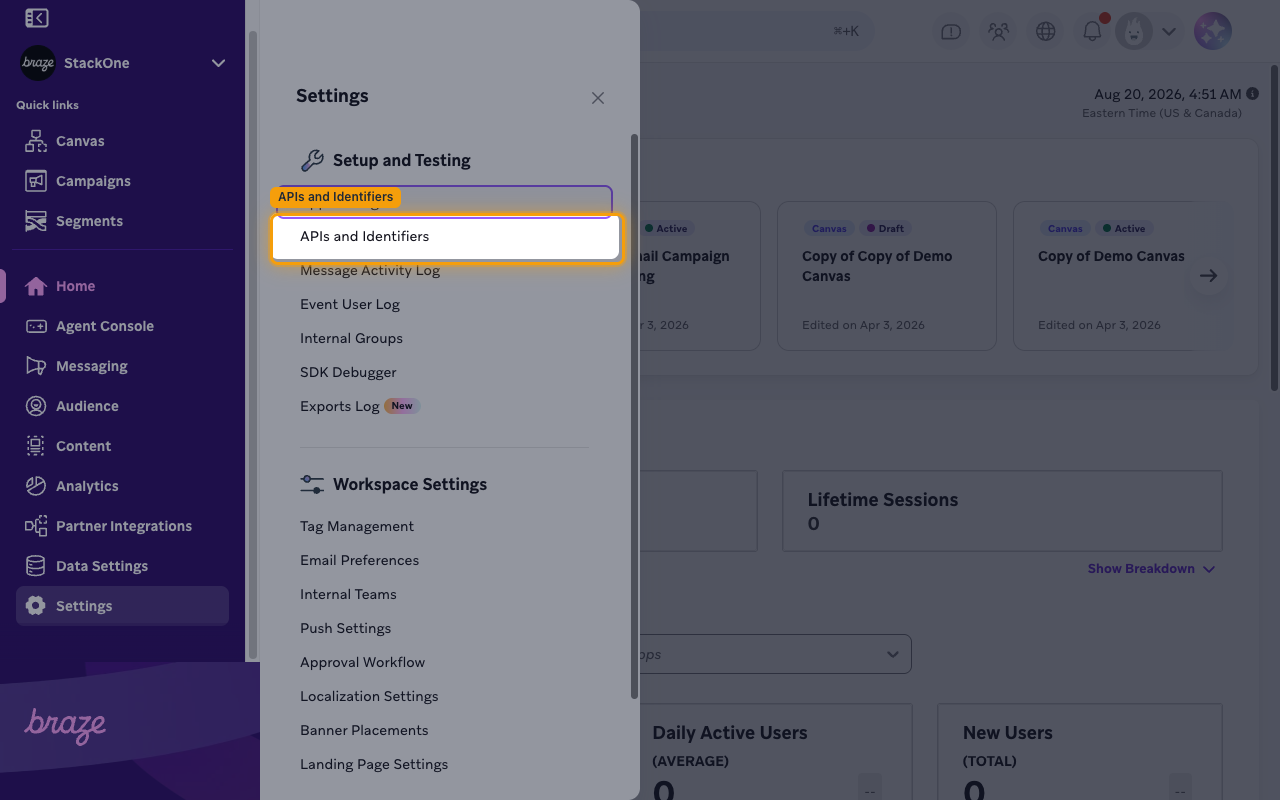 Settings panel with APIs and Identifiers highlighted under Setup and Testing