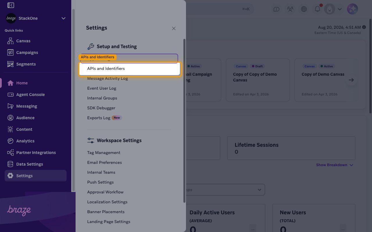Settings panel with APIs and Identifiers highlighted under Setup and Testing