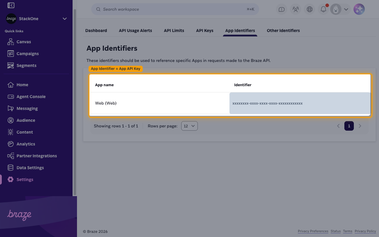 App Identifiers tab showing the App name and Identifier columns