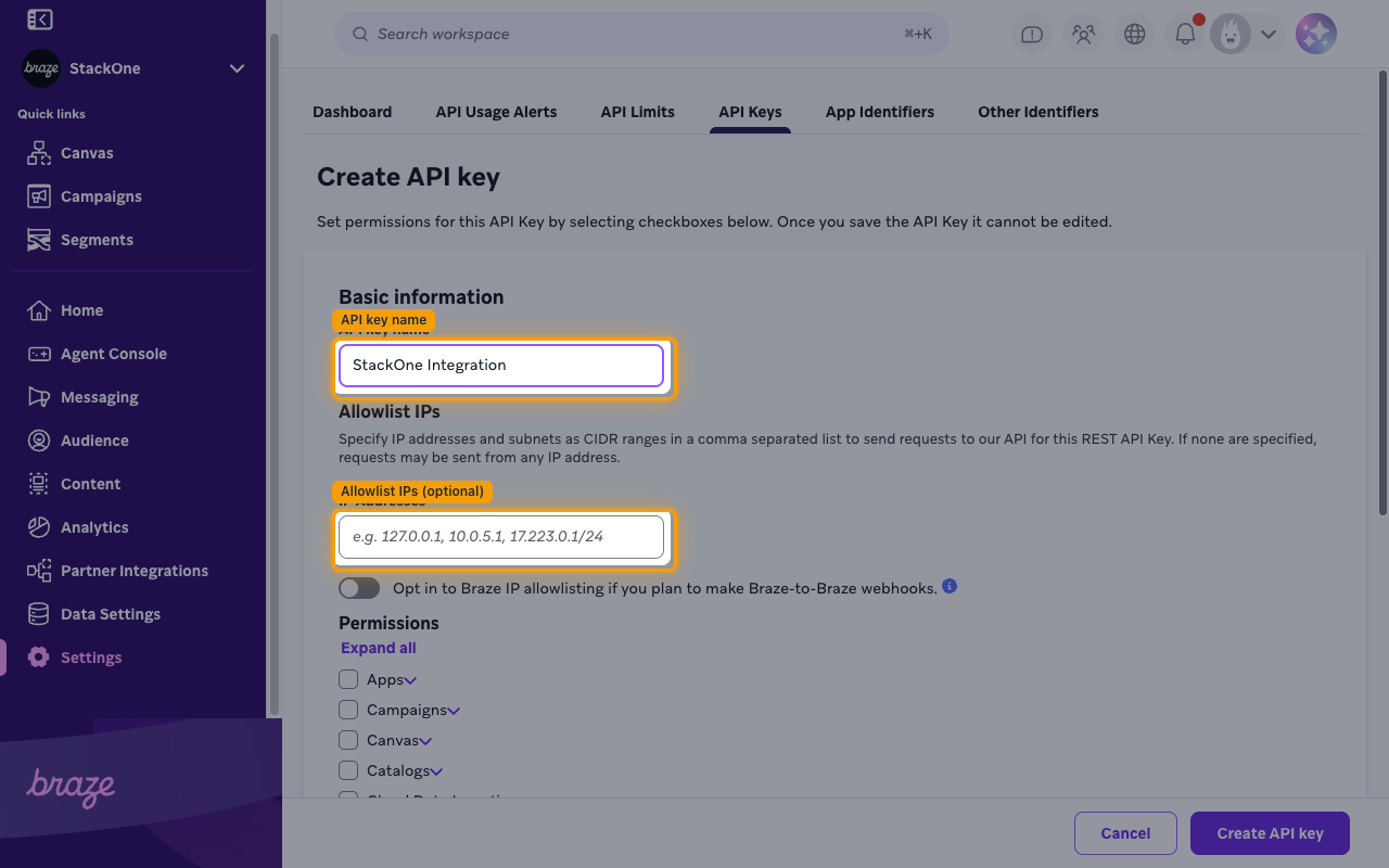 Create API key page showing the API key name field, Allowlist IPs section, and Permissions list