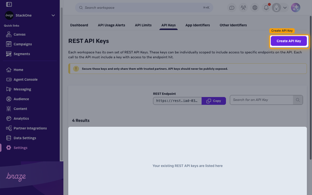 REST API Keys page with the Create API Key button highlighted