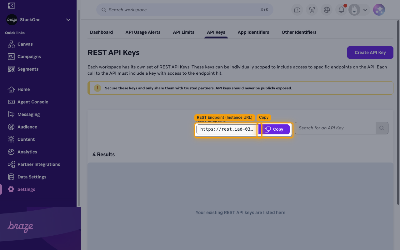 API Keys tab with the REST Endpoint field and Copy button highlighted