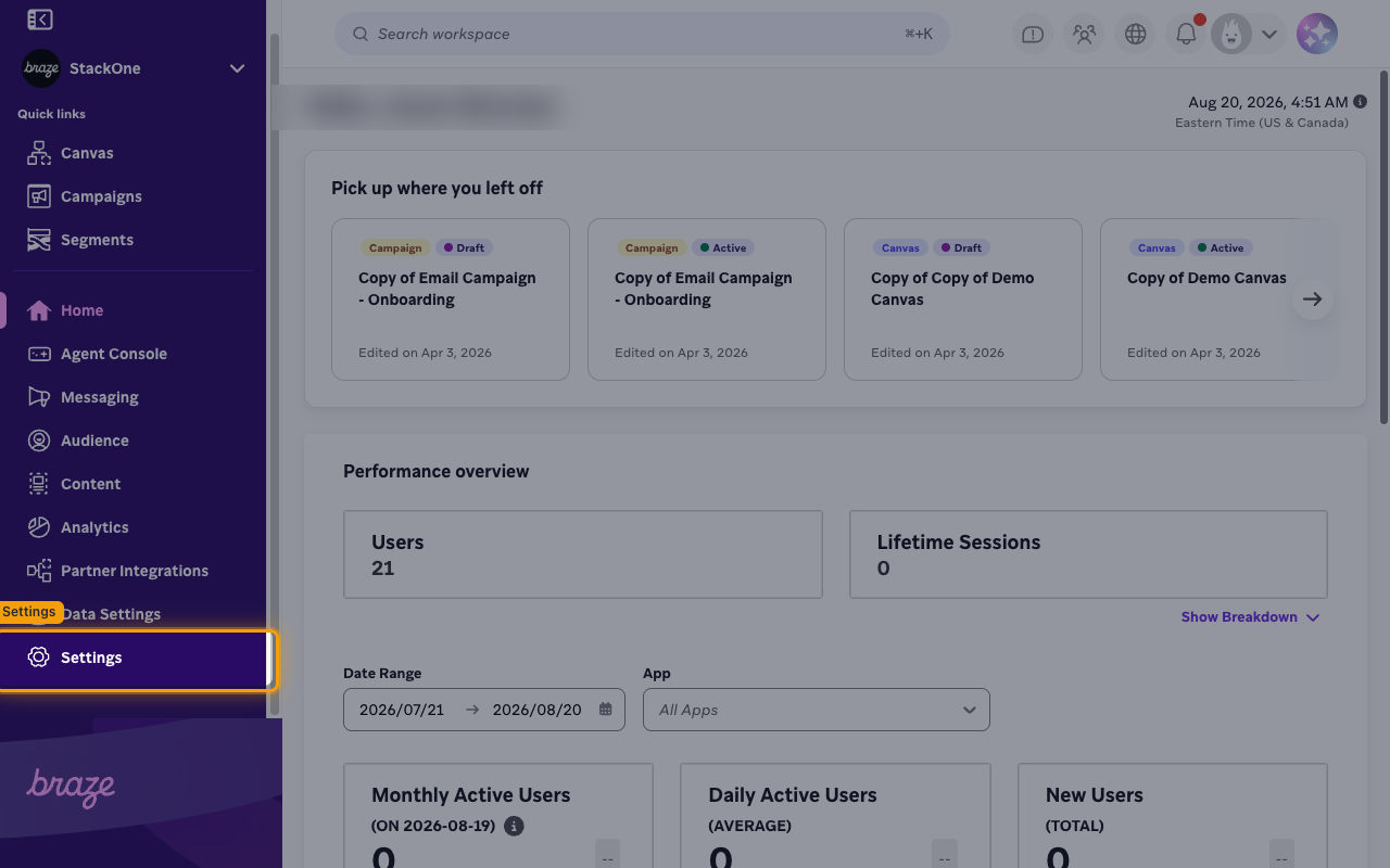 Braze dashboard with the Settings gear highlighted at the bottom of the left navigation sidebar