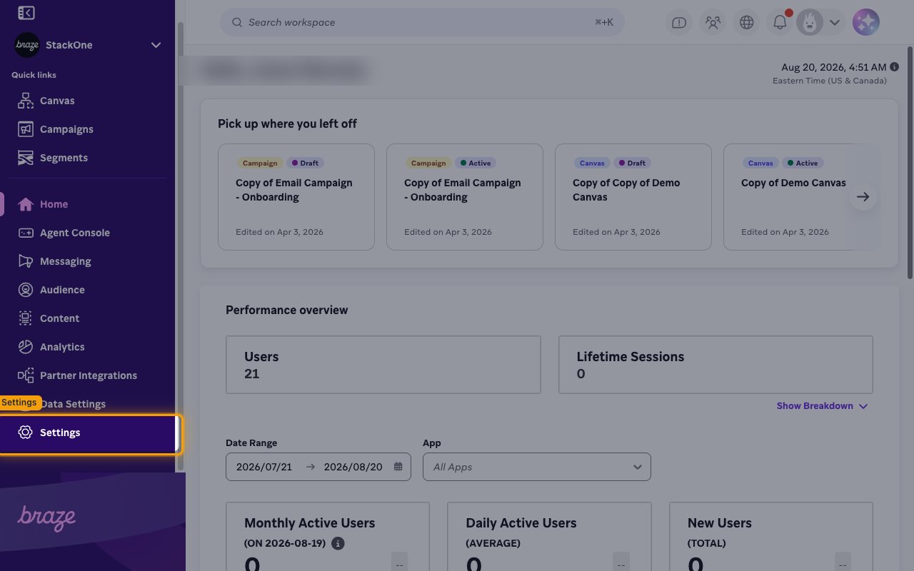 Braze dashboard with the Settings gear highlighted at the bottom of the left navigation sidebar