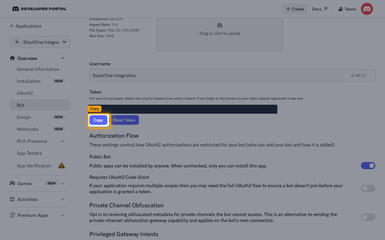 The Token section after the token is generated, with the value masked and the Copy button highlighted