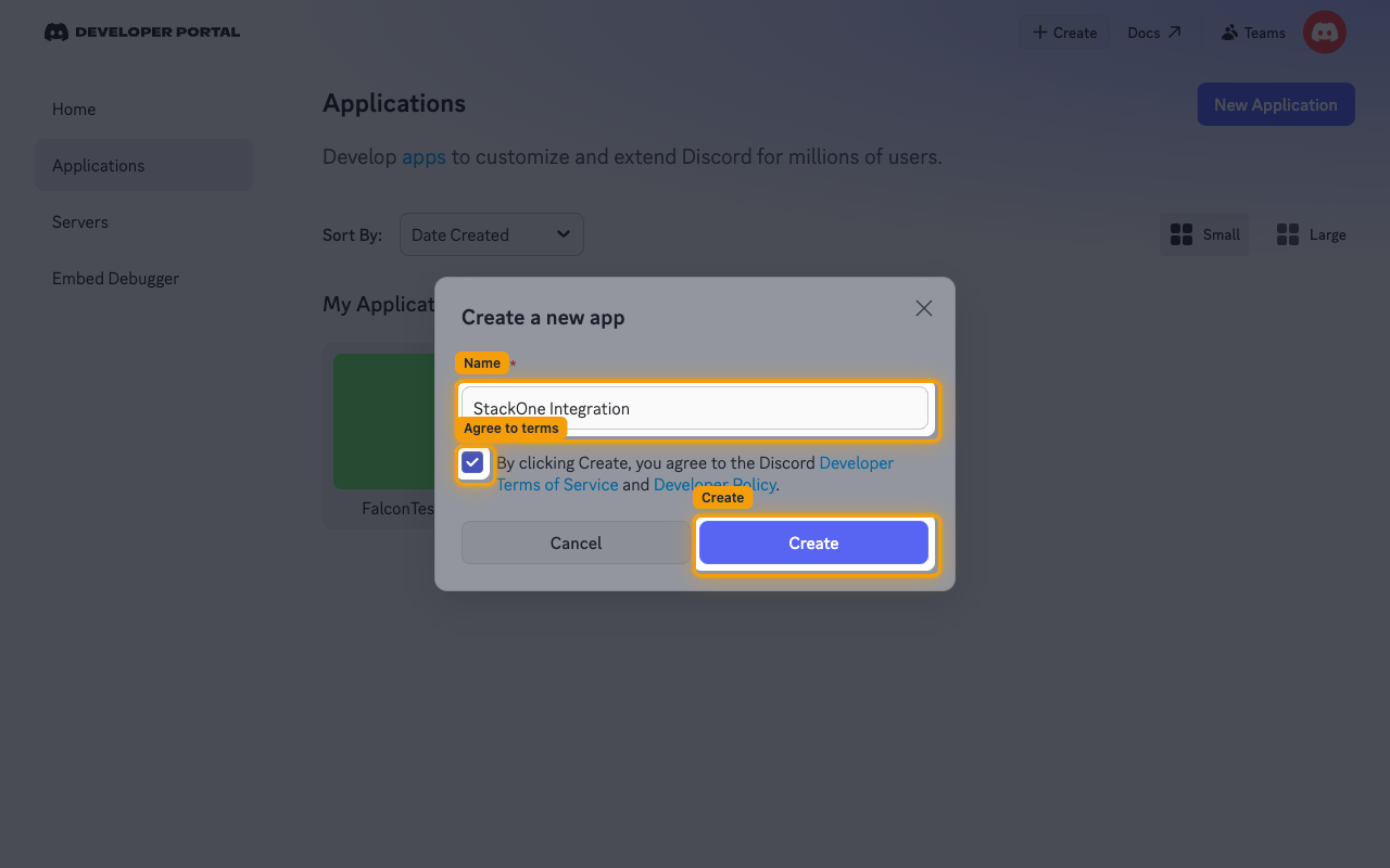 The Create a new app dialog with the Name field, the terms checkbox and the Create button highlighted