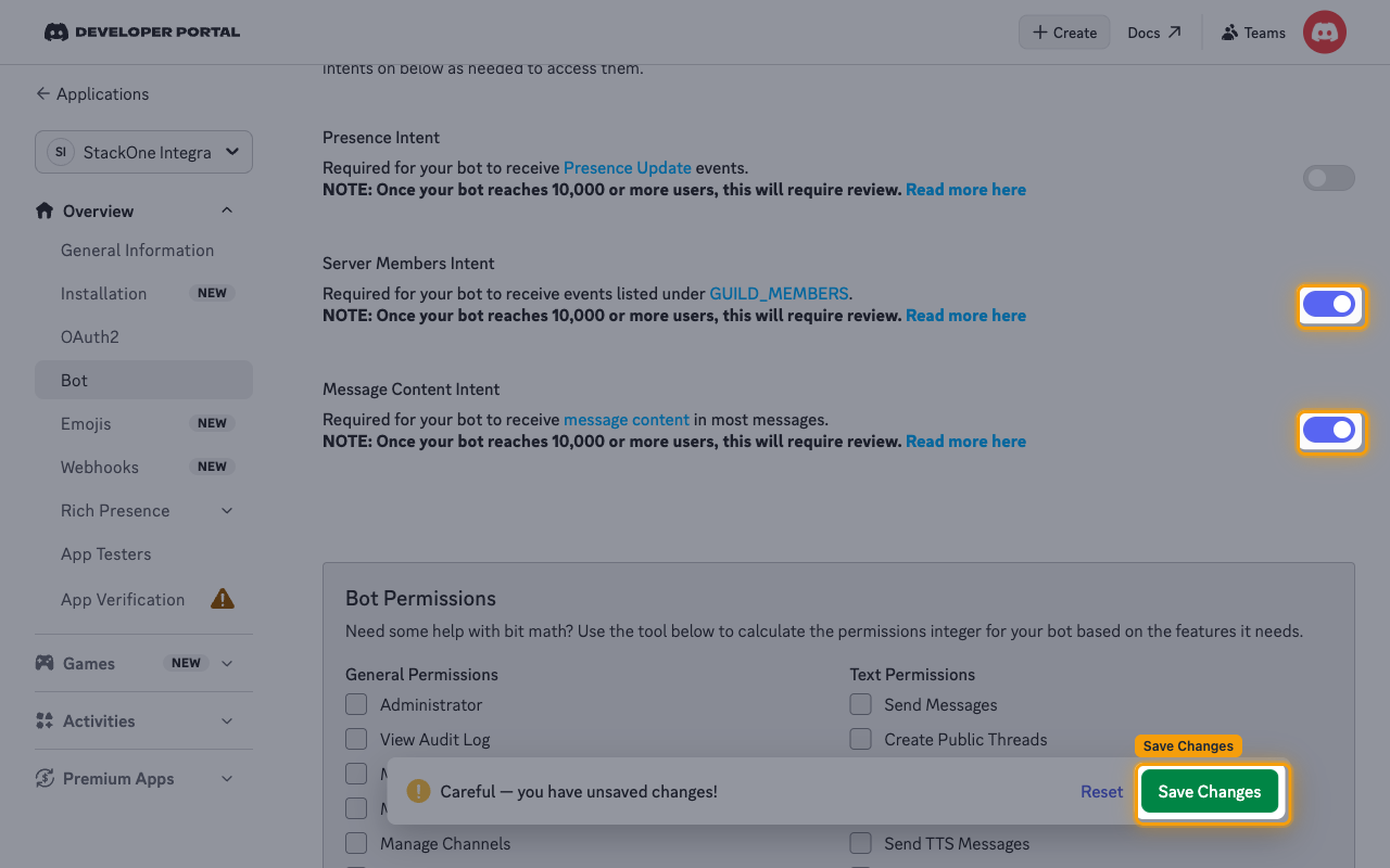 The Privileged Gateway Intents section with Server Members Intent and Message Content Intent enabled and the Save Changes button highlighted