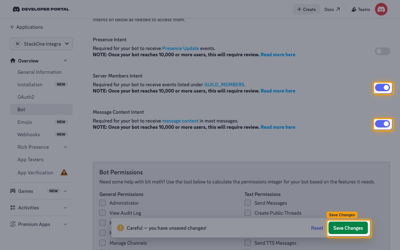 The Privileged Gateway Intents section with Server Members Intent and Message Content Intent enabled and the Save Changes button highlighted