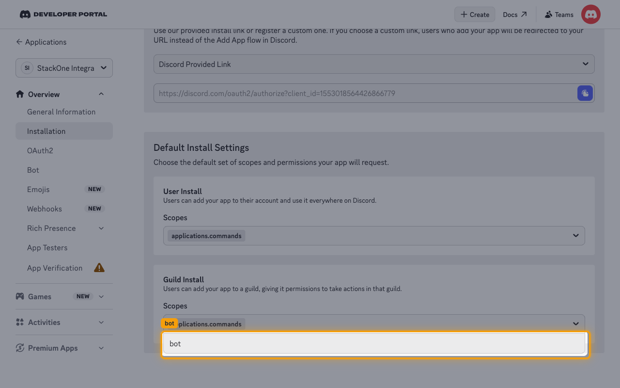 The Guild Install scopes selector on the Installation page with the bot option highlighted