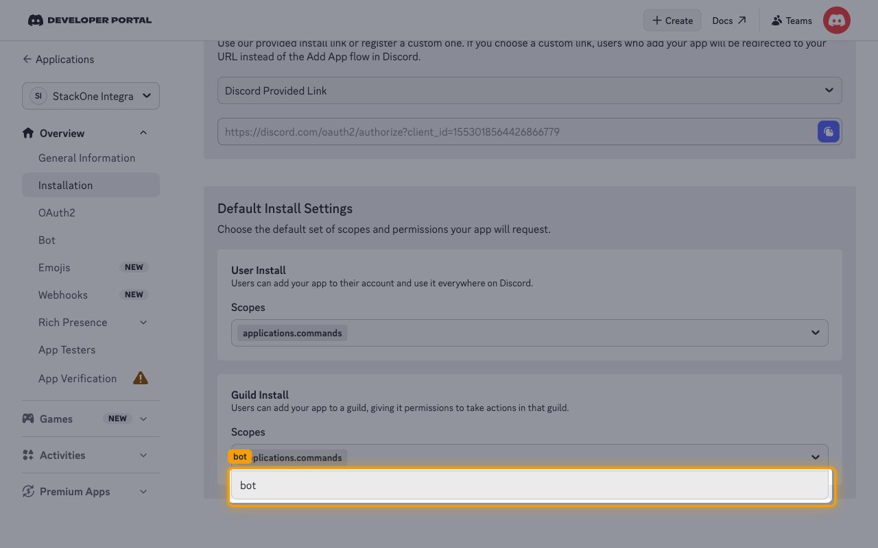 The Guild Install scopes selector on the Installation page with the bot option highlighted