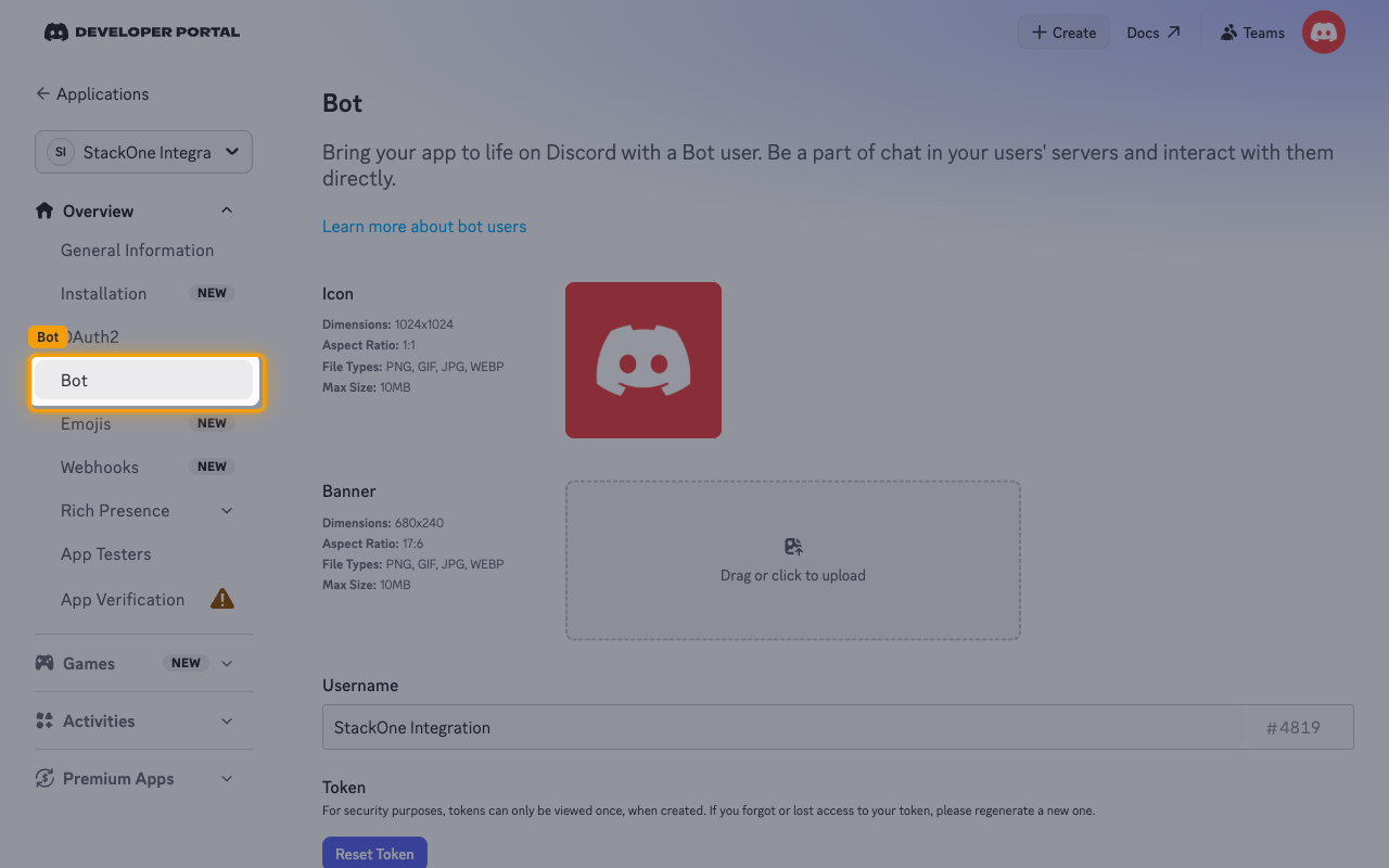 The Bot page with Bot highlighted in the sidebar