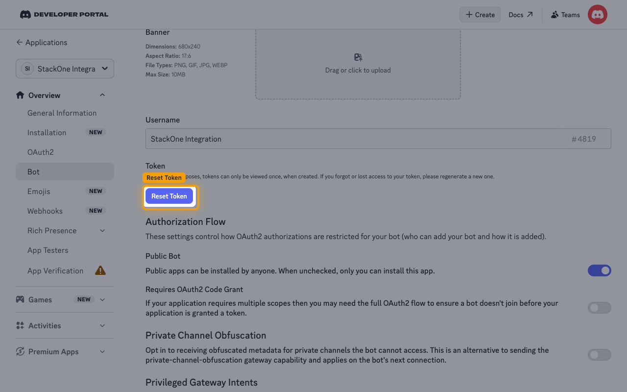 The Token section of the Bot page with the Reset Token button highlighted